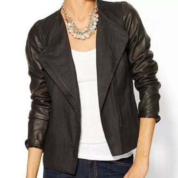 VINCE Women'sBlack Leather And Linen Asymmetrical Zip Moto JacketSZ 8
